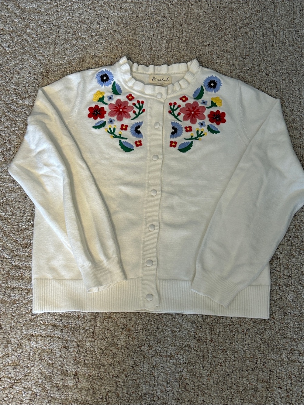 Marled White Floral Embroidered Button-Up Sweater Cardigan Medium